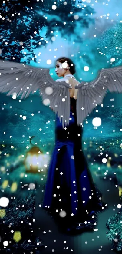 Angel with wings in a snowy, magical winter landscape.