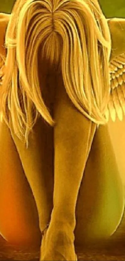 Mystical golden angel with wings, serene and reflective.