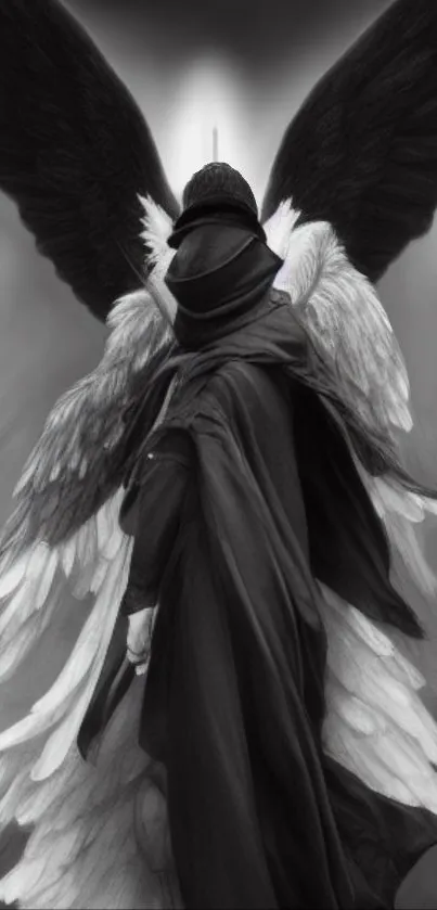 Monochrome wallpaper of a mystical angel with black and white wings.