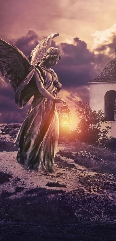 Angel statue with mystical skyline and dramatic purple hues.