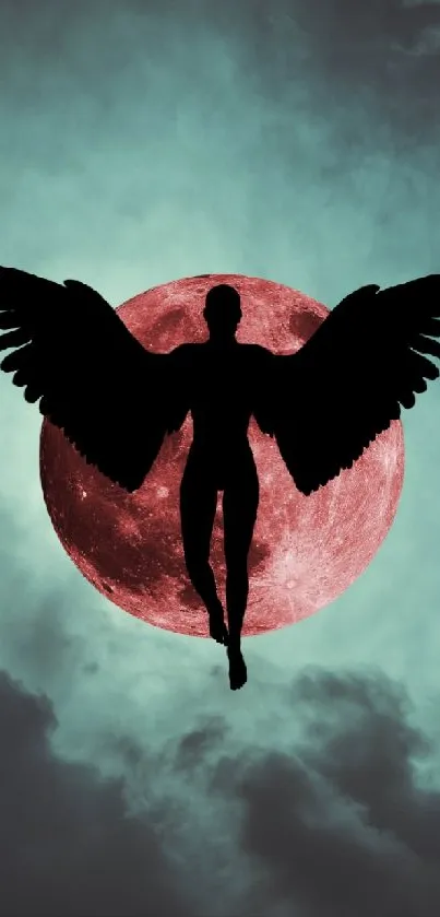 Dark angel silhouette with red moon in cloudy night sky.