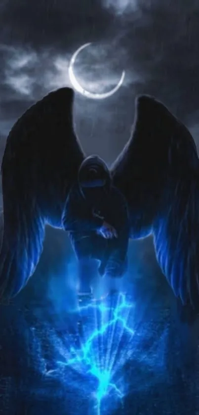 Mystical hooded angel with wings under a crescent moon glowing blue.