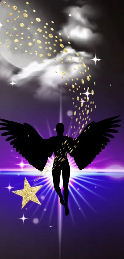 Mystical angel with wings beneath a starry moonlit sky, vibrant purple glow.