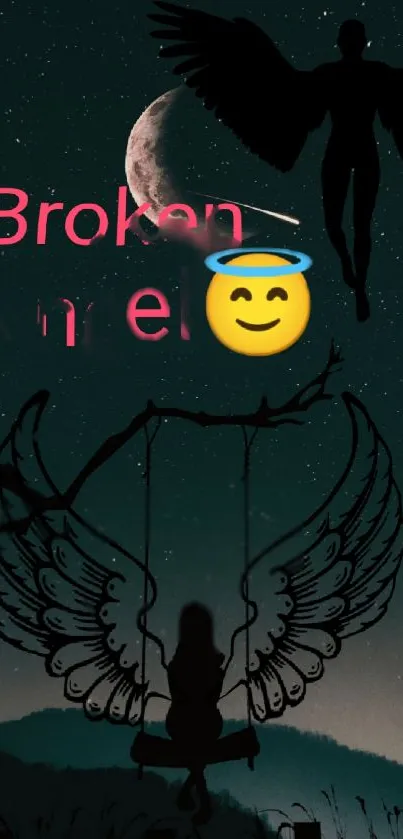 Mobile wallpaper of a silhouetted angel with wings against a moonlit night sky.