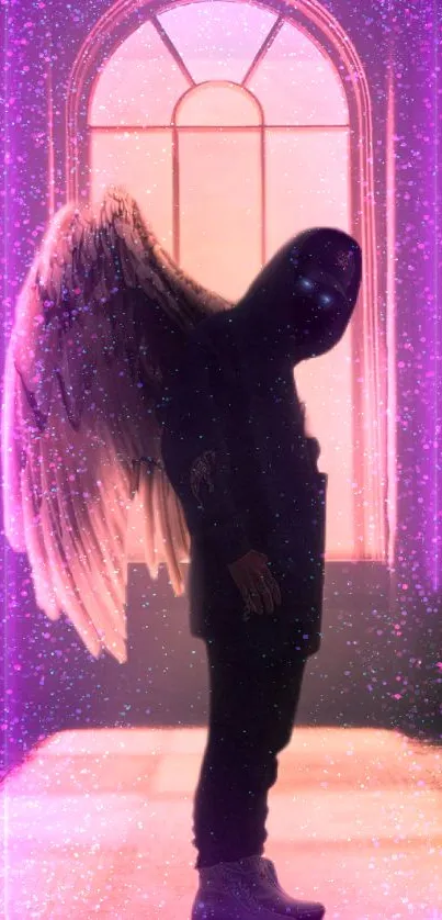 Silhouette of angel with wings in glowing purple light.