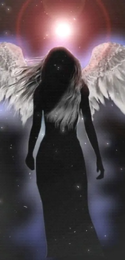 Silhouette of an angel with wings glowing against a dark background.