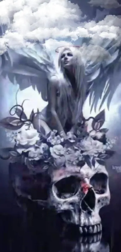 Mystical artwork of an angel atop a floral skull under ethereal clouds.