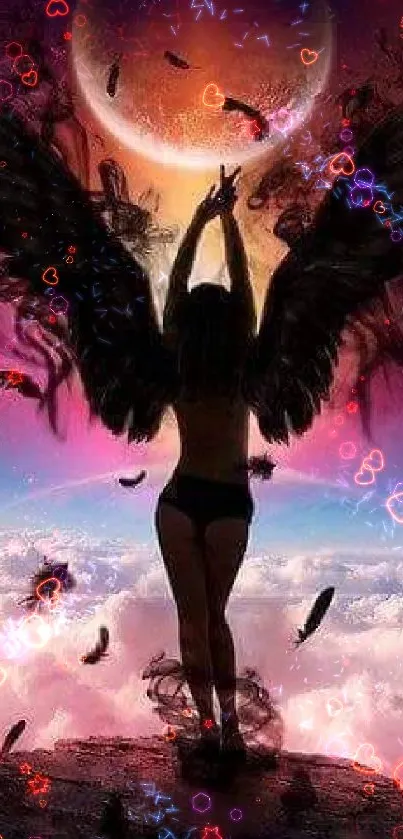 Silhouette of an angel with wings against a cosmic sky and full moon.