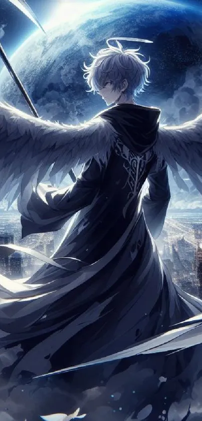 Anime angel with wings over futuristic city.