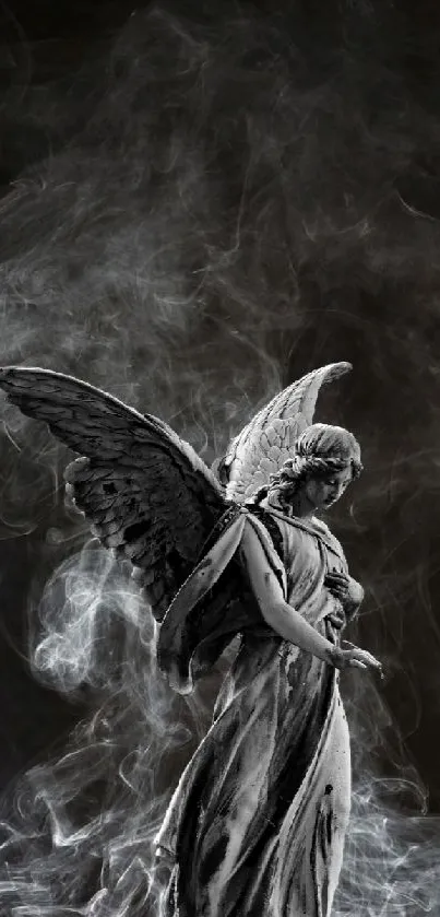 Mystical angel in smoke art design on a dark background.