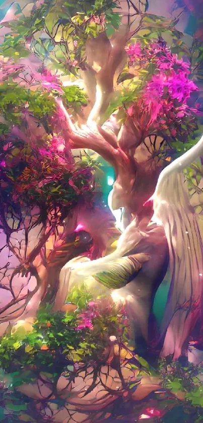 Ethereal angel entwined with colorful tree in a mystical artwork.