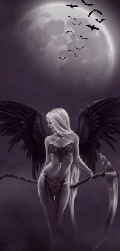 Mystical angel with dark wings under a moonlit sky.