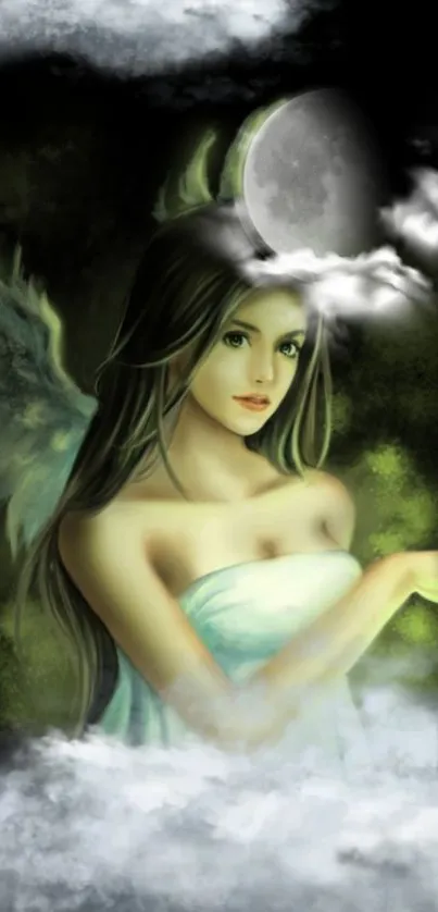 Mystical angel with wings in moonlit clouds.