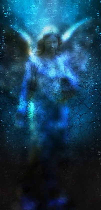 Ethereal angel surrounded by a mystical blue aura with sparkling effects.