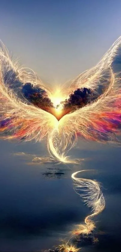 Ethereal angel wings art with colorful sky.