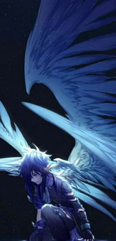 Blue winged anime warrior with a celestial background.