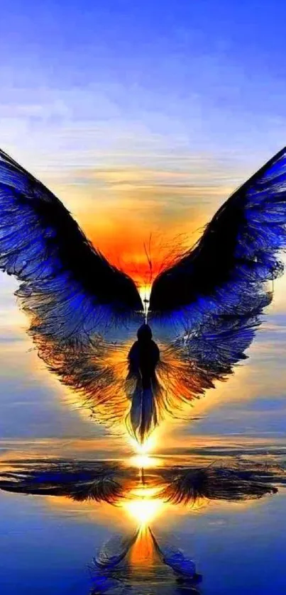 Serene wallpaper featuring angel wings against a sunset reflection.