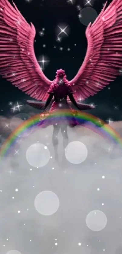 Fantasy wallpaper with pink angel wings and rainbow.