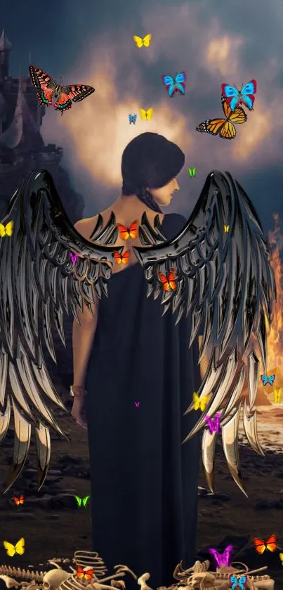 Mystical angel with dark wings and colorful butterflies in a fantasy landscape.