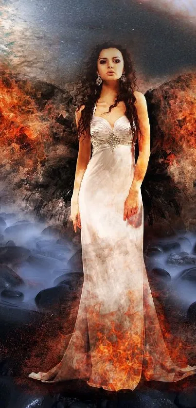 Ethereal angel with fiery wings on a dark, rocky riverbank.
