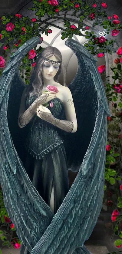 Mystical angel holding a rose with gothic wings and vibrant floral backdrop.