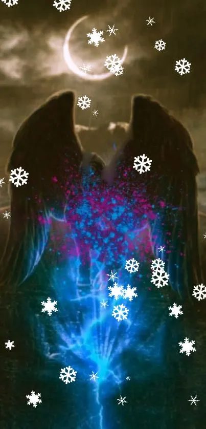 Mystical angel with snowflakes and blue glow.