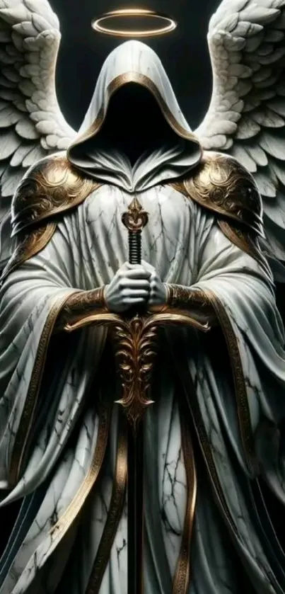 Mystical angel in armor with sword and halo on a fantasy-themed wallpaper.