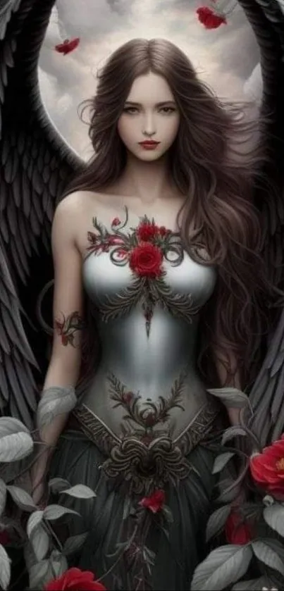 Fantasy wallpaper featuring dark angel wings and red roses.