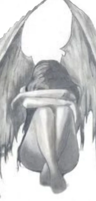 Monochrome artwork of an angel with wings folded gracefully.