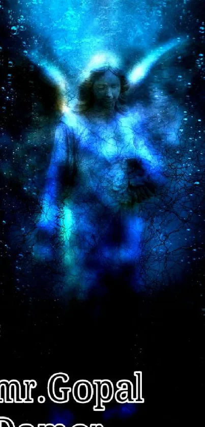 Ethereal blue angel with mystical aura on a dark background.