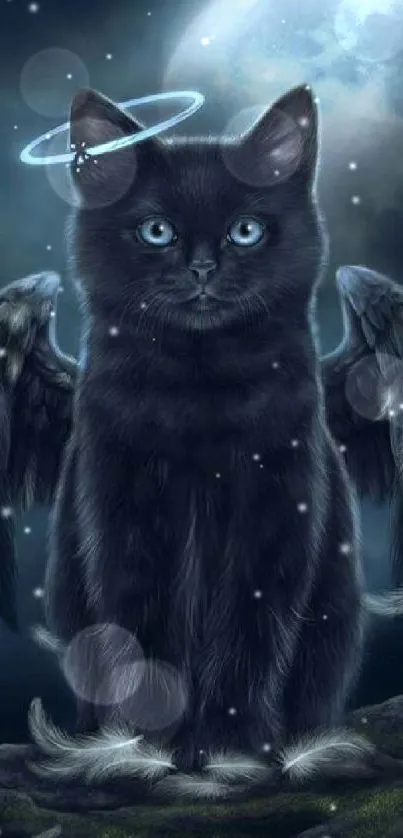 Angelic black cat with wings and halo under a glowing full moon.