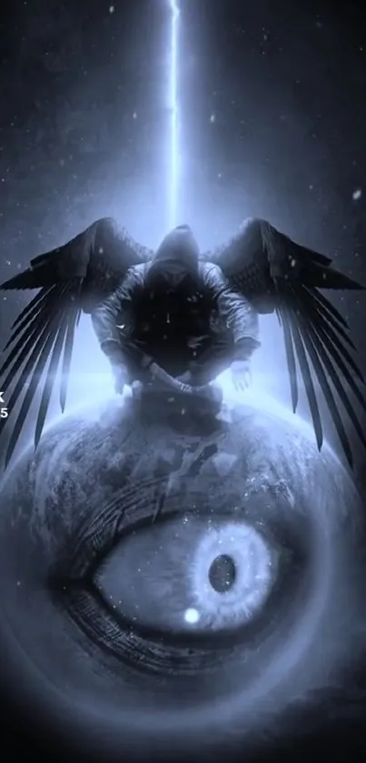 Hooded winged figure on a cosmic eye with dark mystical ambiance.