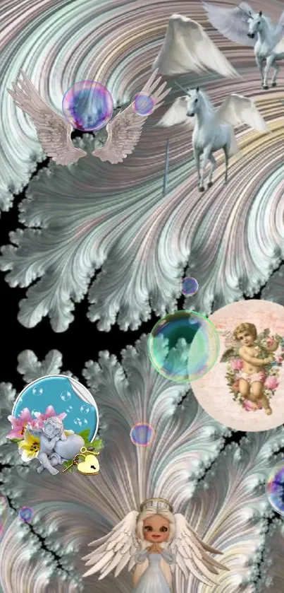 Fantasy wallpaper with angels and unicorns.