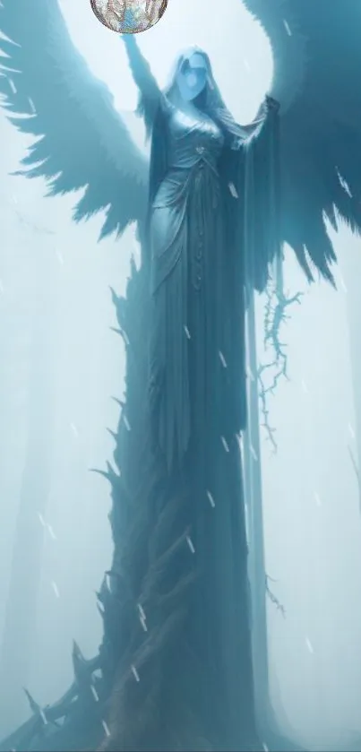 Ethereal angelic figure with wings in a mystical, foggy forest.