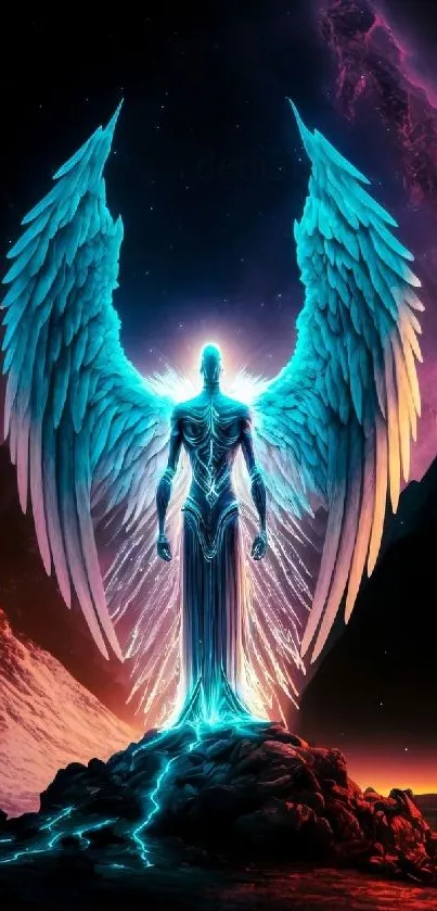 Glowing angelic figure with blue wings in a cosmic landscape.