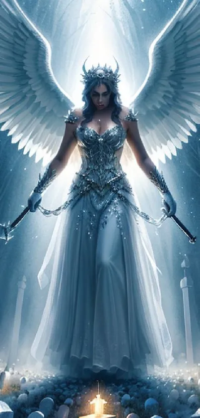 Angelic figure with wings in a mystical forest, illuminated by celestial light.