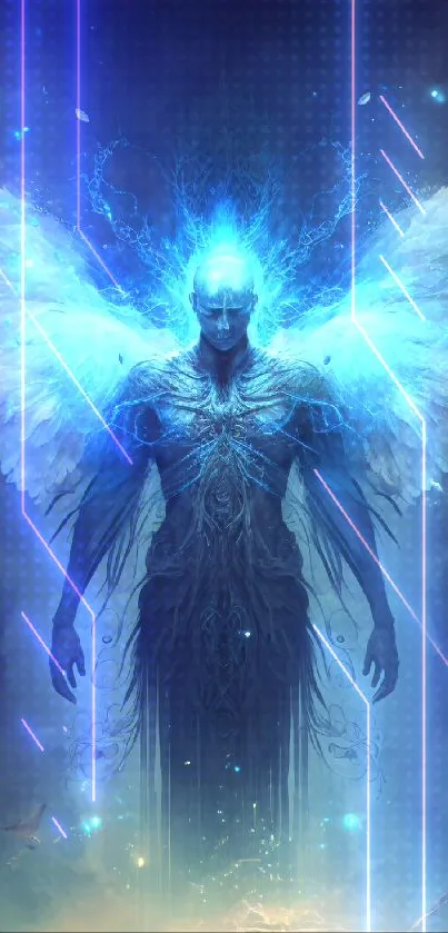 Mystical angelic figure with radiant blue light and wings.