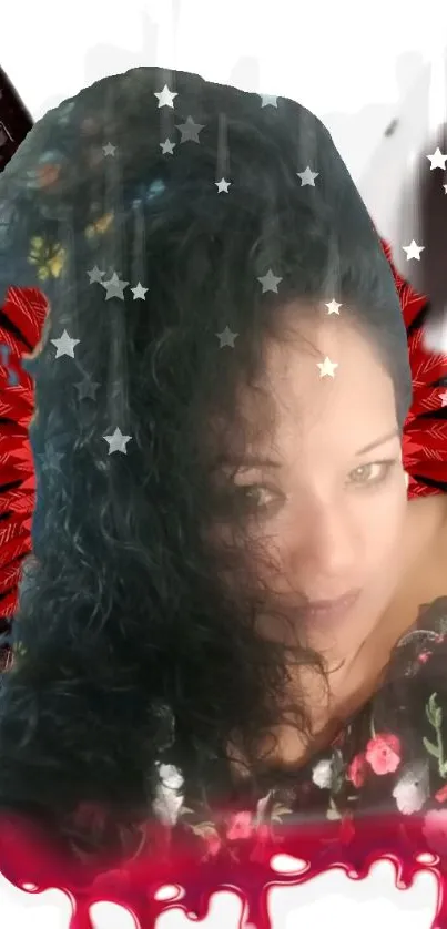 Woman with angelic red wings and starry background.