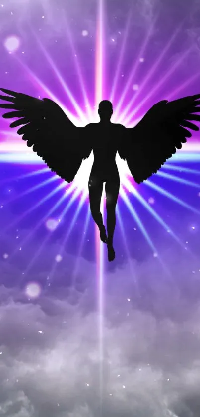 Silhouette of angel with purple celestial background.