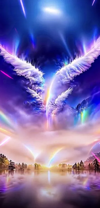 Mystical angelic sky with wings and vibrant colors in a serene landscape.