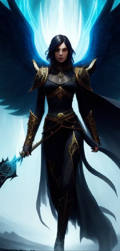 Angelic warrior with glowing blue wings and dark attire.