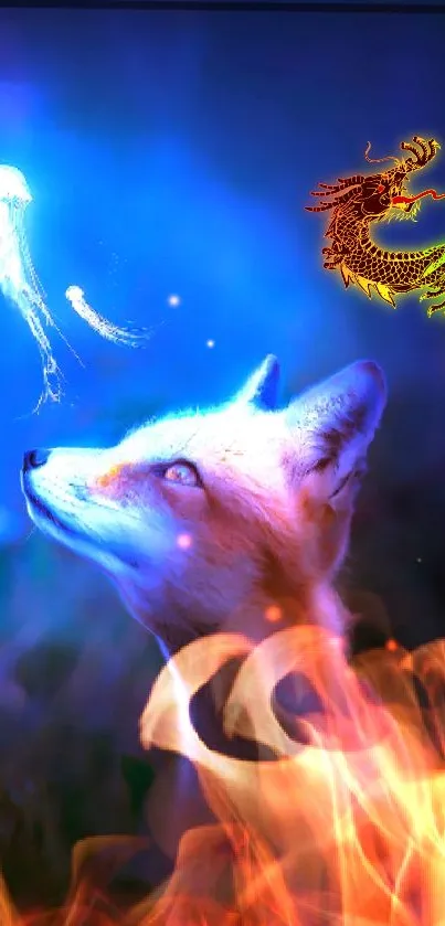 Fantasy wallpaper with a fox, jellyfish, and dragon in blue flames.