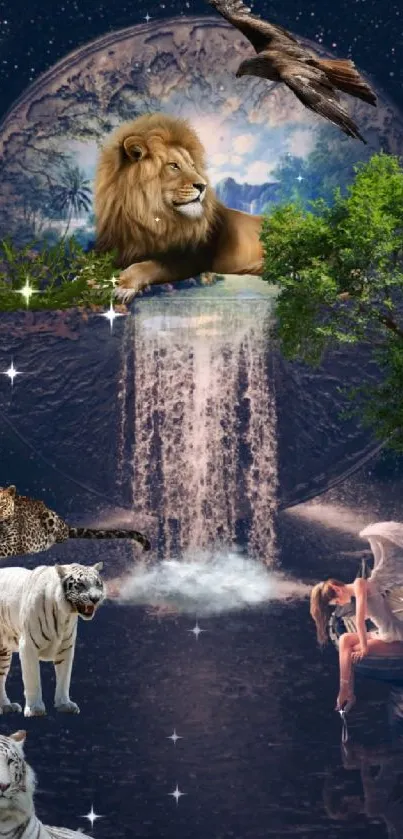 Mystical night scene with animals and waterfall on a phone wallpaper.