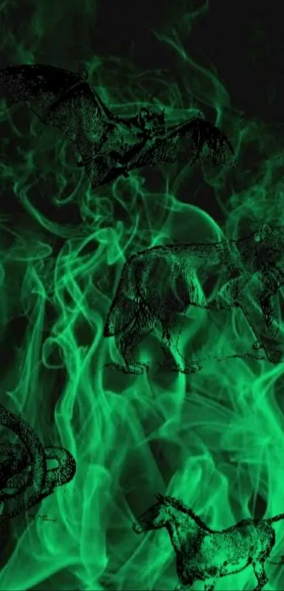 Vibrant green wallpaper with animal silhouettes and smoke.