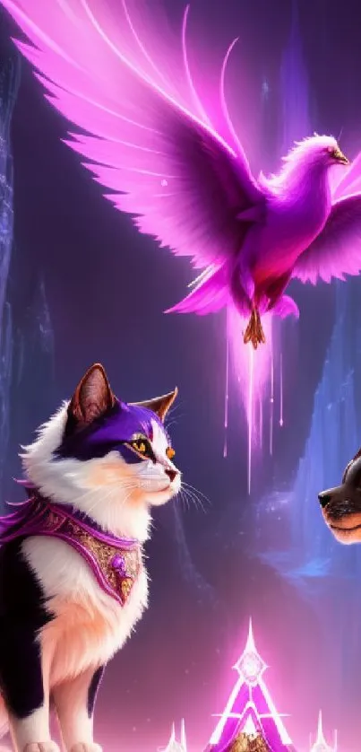 Fantasy wallpaper with mystical animals and a glowing purple bird.