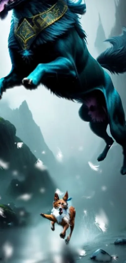 Mystical animals in motion over a lush landscape, featuring a teal dog and red fox.