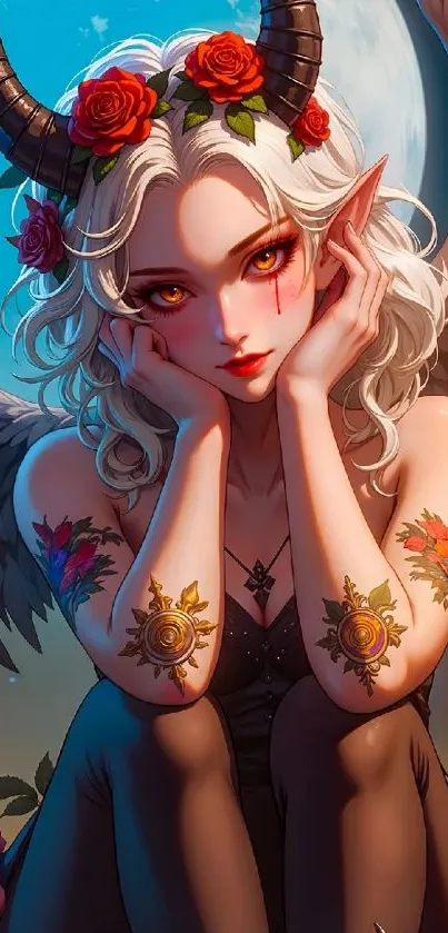 Anime angel with horns and tattoos sits under the moonlight.