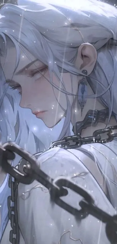 Anime character with white hair in rain, artistically chained.