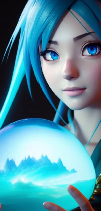 Anime character with blue hair holding a mystical orb in vibrant colors.