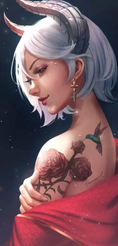 Anime character with tattoos, white hair, and mystical elements on a mobile wallpaper.